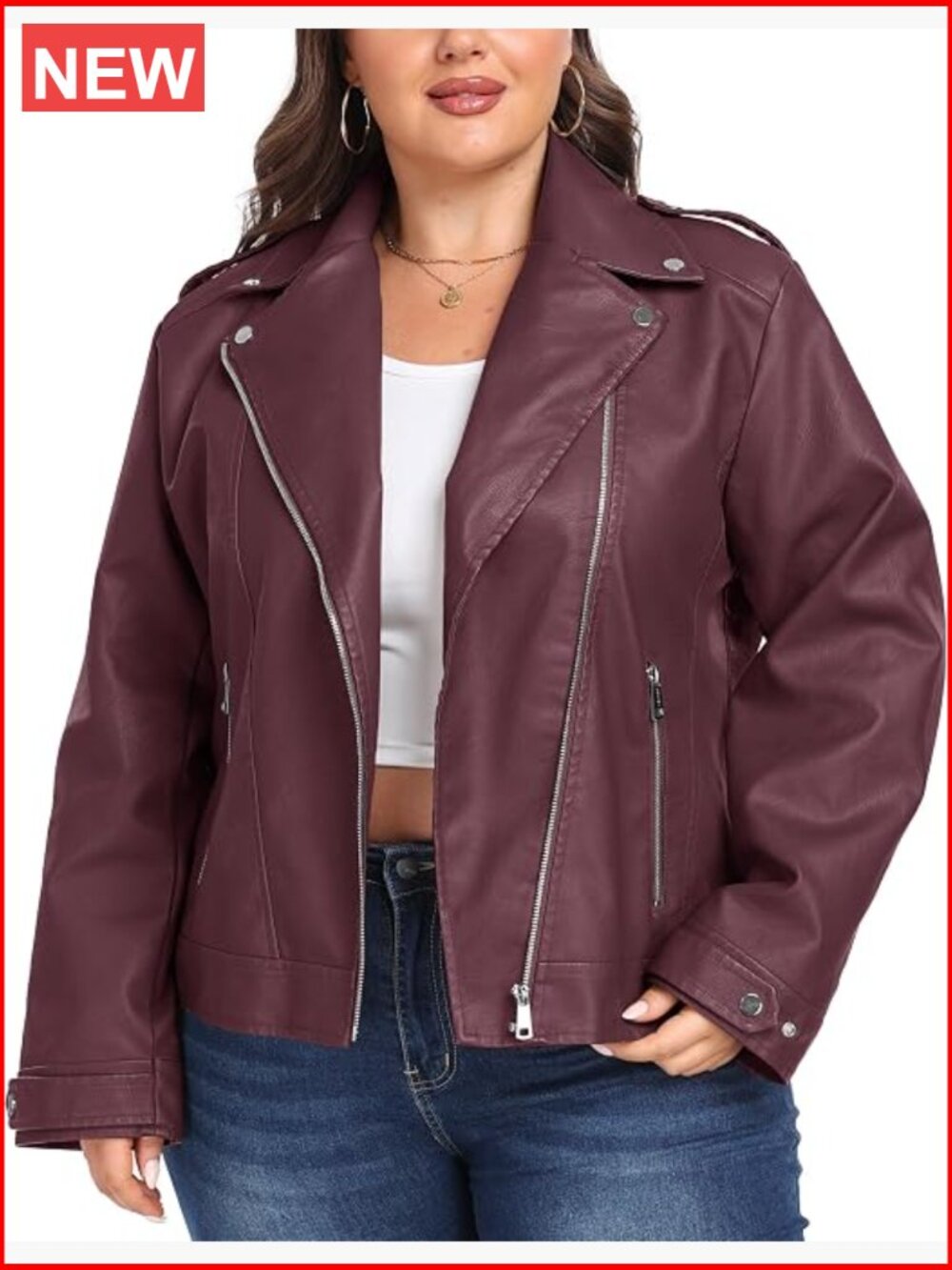 Plus Size Faux Leather Moto Jacket Lapel Collar Short Coat 3 Pockets